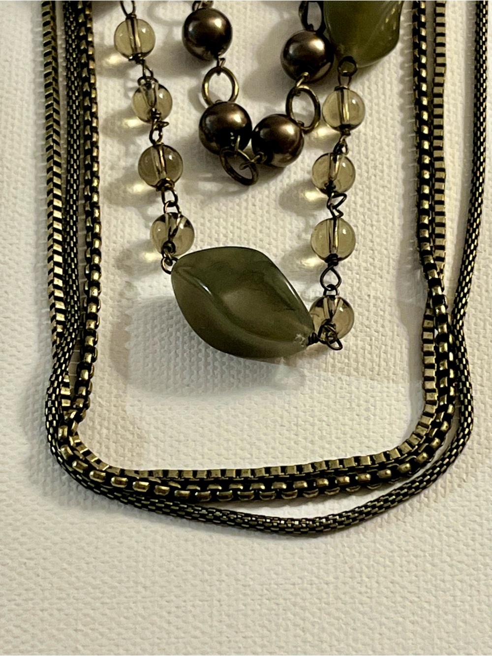 Talbot's Necklace Olive Green Plastic Twist Bead Brass Box Chain 5 Layers